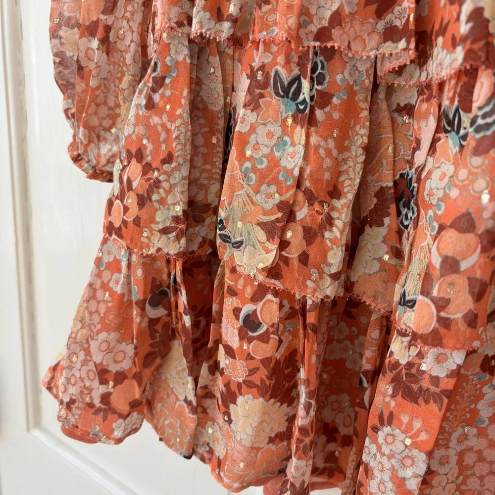 Ulla‎ Johnson Tamara Dress Silk Mini Metallic Floral Print Coral Size 2 Tiered